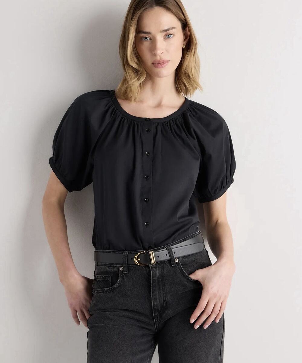 Quince Organic Cotton Viscose Raglan Short Sleeve Blouse / Black/ Large